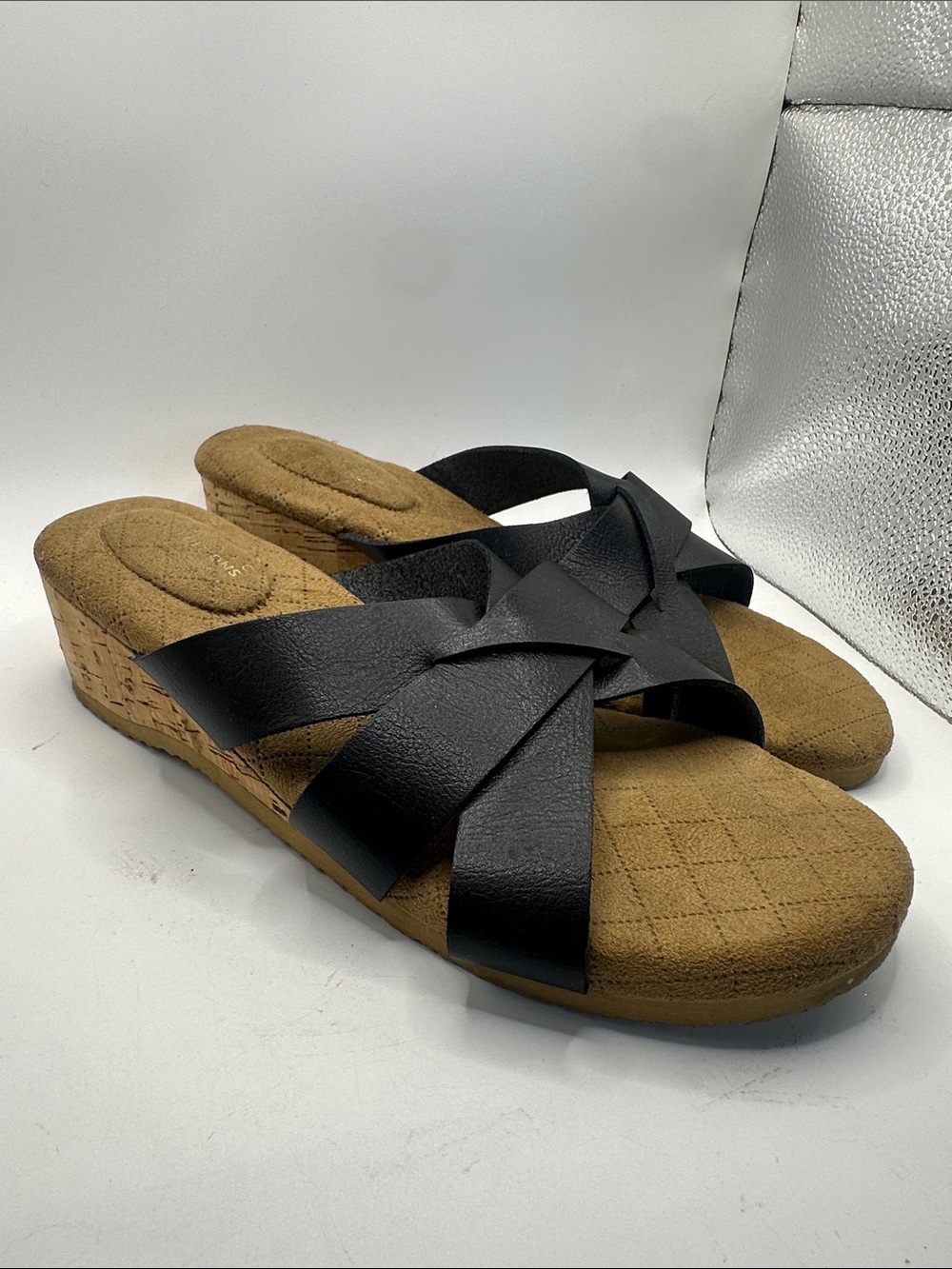 Black Crisscross Slide Wedge Sandals - Women size 10